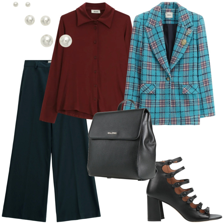 Outfit donna - Primavera a lavoro. per Ufficio. Abbinamento con zaini, stivaletti, blazer, camicie, pantaloni a palazzo, orecchini.
