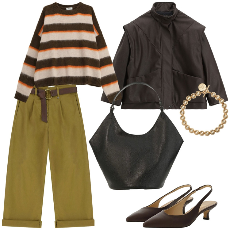 Outfit donna - Righe e décolleté. per Tutti i giorni. Abbinamento con pantaloni, maglieria, borse a spalla, décolleté, blazer, braccialetti.