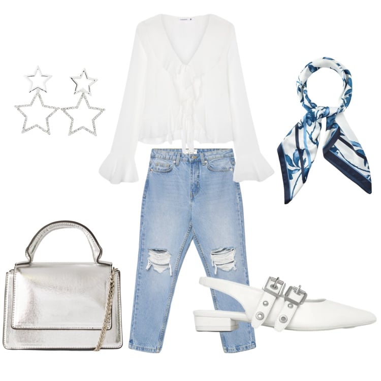 Outfit donna - Primavera white. Stile Rock per Tutti i giorni. Abbinamento con bluse, jeans mom, borse a tracolla, ballerine, foulard, orecchini.