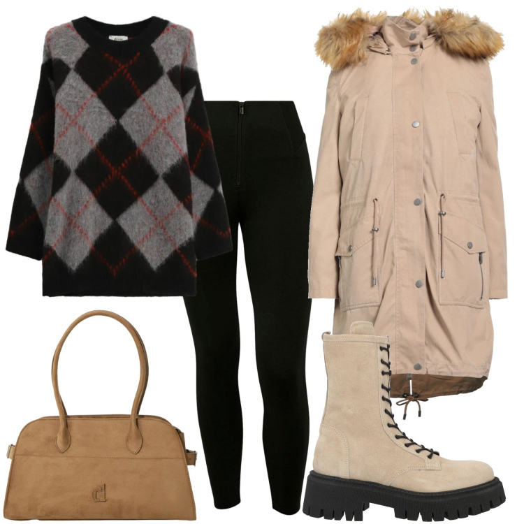 Outfit donna - Giornate fredde e venti forti. Stile Casual per Tutti i giorni. Abbinamento con stivaletti, parka, maglieria, cappotti, pantaloni skinny.