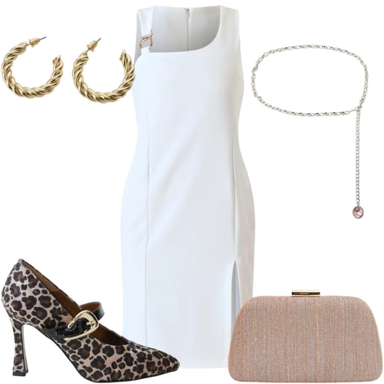 Outfit donna - Cut - Out Confidence : cerimonia trendy. Stile Trendy per Cerimonia. Abbinamento con pochette, vestiti a tubino, décolleté, cinture, orecchini.