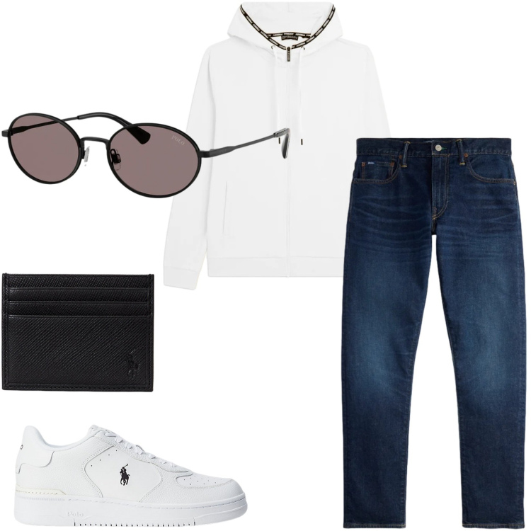 Outfit uomo - Total look #2341787. Stile Casual per Tutti i giorni. Abbinamento con felpe con cappuccio, sneakers, occhiali da sole, jeans, portafogli.