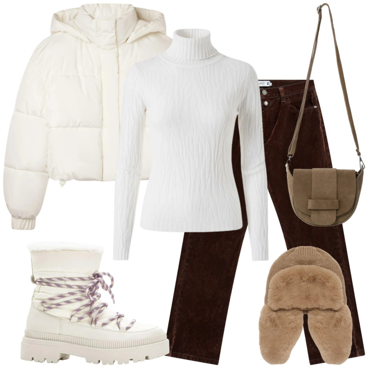 Outfit donna - Weekend sulla neve. Stile Casual chic per Tutti i giorni. Abbinamento con stivali da neve, bomber, berretti, pantaloni, borse a tracolla, maglieria.