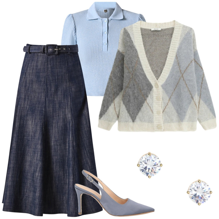 Outfit donna - Deliziosa polo in tonalità soft. Stile Casual per Ufficio. Abbinamento con décolleté, cardigans, gonne longuette, polo, orecchini.