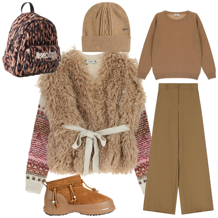 Outfit donna - Total look #2341792. Stile Sporty chic per Scuola/Università. Abbinamento con stivali da neve, zaini, pantaloni a palazzo, pullovers, berretti, maglieria.