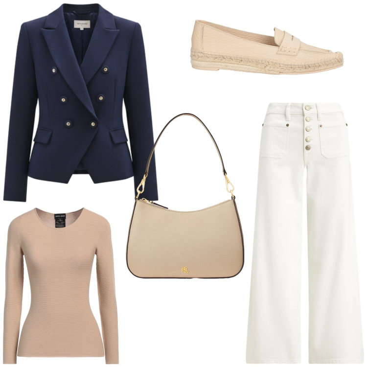 Outfit donna - Look spring edition. Stile Casual chic per Ufficio. Abbinamento con pullovers, mocassini, blazer, borse a spalla, jeans.