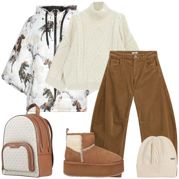 Outfit donna - Settimana bianca. Stile Casual chic per Tutti i giorni. Abbinamento con cappe, zaini, stivaletti, maglieria, pantaloni a palazzo, berretti.