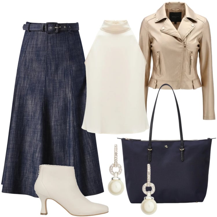 Outfit donna - 8 marzo. Stile Chic per Tutti i giorni. Abbinamento con stivaletti, giacche, top, gonne longuette, borse tote, orecchini.