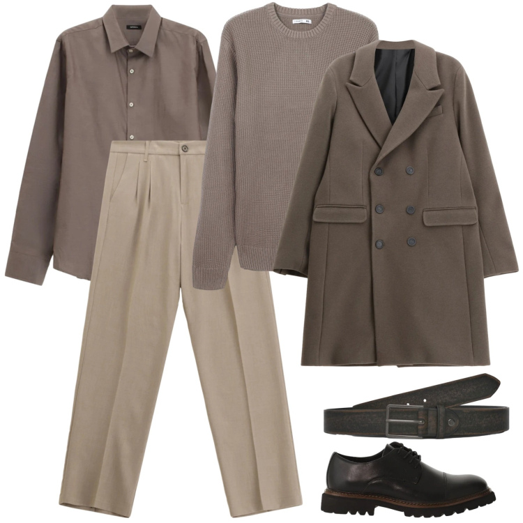 Outfit uomo - Il fascino del total look. Stile Business/Elegante per Ufficio. Abbinamento con maglieria, cinture, pantaloni, scarpe stringate, cappotti, camicie.