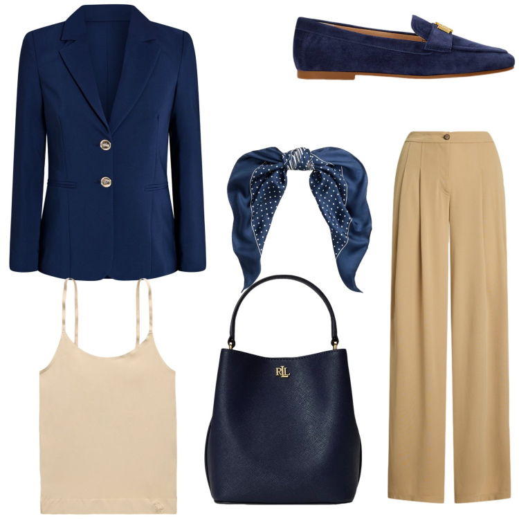 Outfit donna - Workwear. Stile Casual chic per Ufficio. Abbinamento con blazer, mocassini, borse a secchiello, magliette intime, pantaloni, foulard.