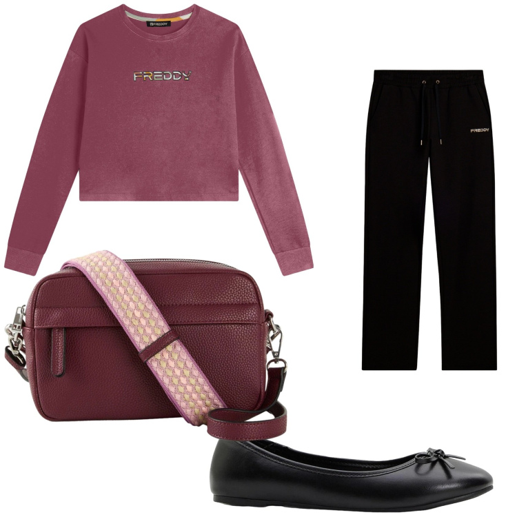 Outfit donna - Sporty chic. Stile Sporty chic per Tutti i giorni. Abbinamento con borse a tracolla, ballerine, pantaloni, felpe.