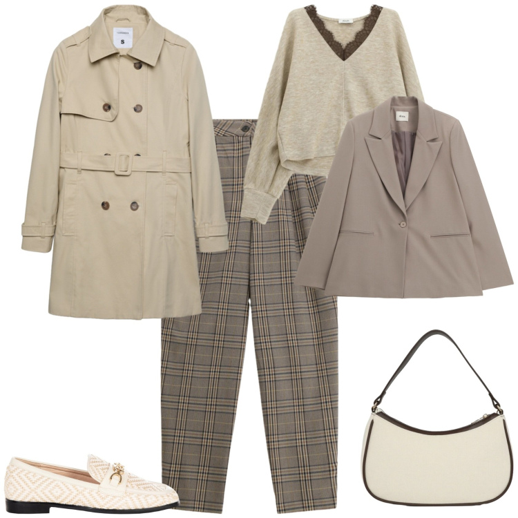 Outfit donna - Trendy ufficio tempo libero. Stile Trendy per Ufficio. Abbinamento con trench, borse a tracolla, pantaloni, pullovers, blazer, mocassini.