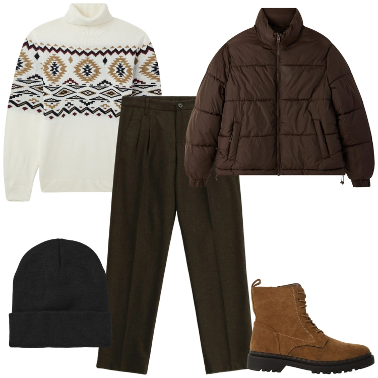 Outfit uomo - Tessuti che scaldano. Stile Casual per Tutti i giorni. Abbinamento con pantaloni, anfibi, maglieria, bomber, berretti.