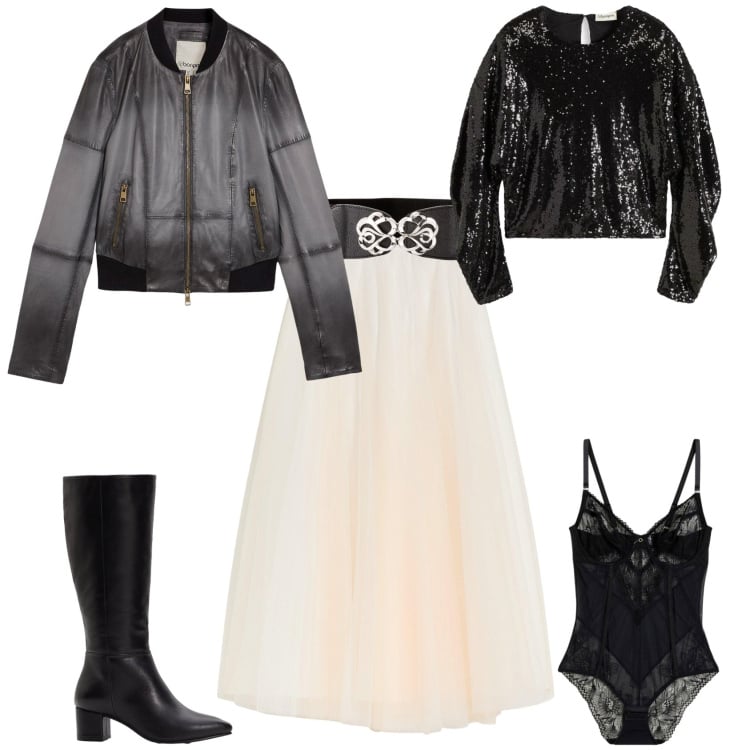 Outfit donna - Rock chic serata evento speciale. Stile Chic per Serata fuori. Abbinamento con gonne lunghe, stivali, blazer, cinture, body, bluse.