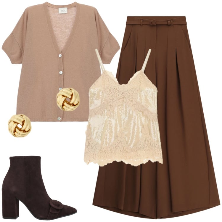 Outfit donna - Nei toni del marrone. Stile Casual per Tutti i giorni. Abbinamento con stivaletti, pantaloni a palazzo, orecchini, top, cardigans.