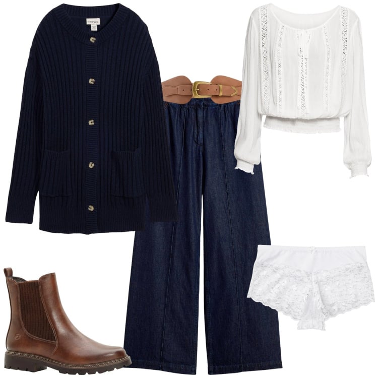 Outfit donna - Sporty chic ogni giorno. Stile Sporty chic per Tutti i giorni. Abbinamento con jeans, cardigans, bluse, culotte, cinture, stivaletti.