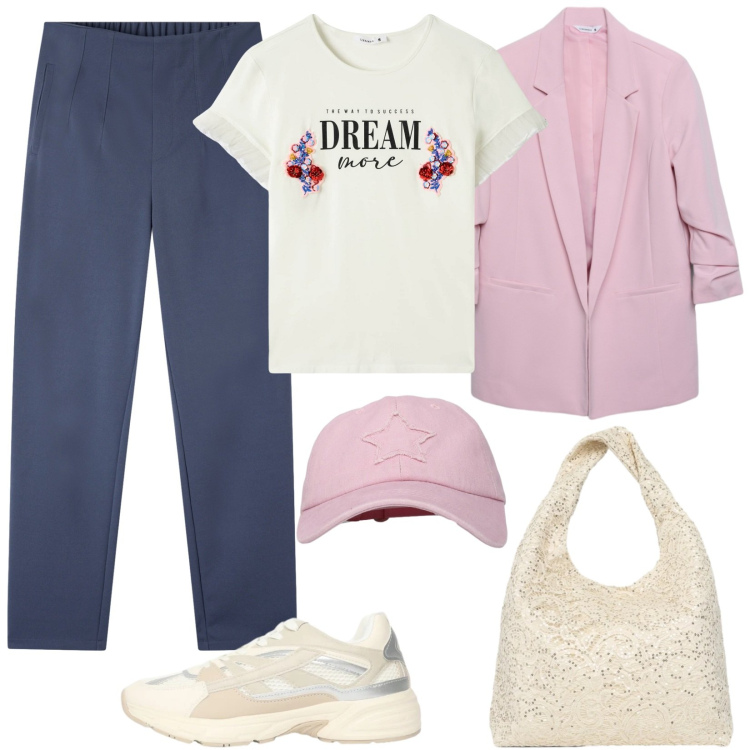 Outfit donna - Cappellino rosa per la primavera. Stile Casual per Tutti i giorni. Abbinamento con blazer, borse a spalla, t-shirt, sneakers, cappelli con visiera, pantaloni chino.