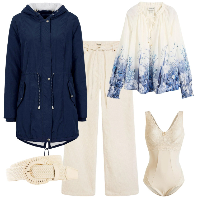 Outfit donna - Pronta per la primavera casual chic. Stile Casual chic per Tutti i giorni. Abbinamento con bluse, body, parka, pantaloni, ciabatte, cinture.