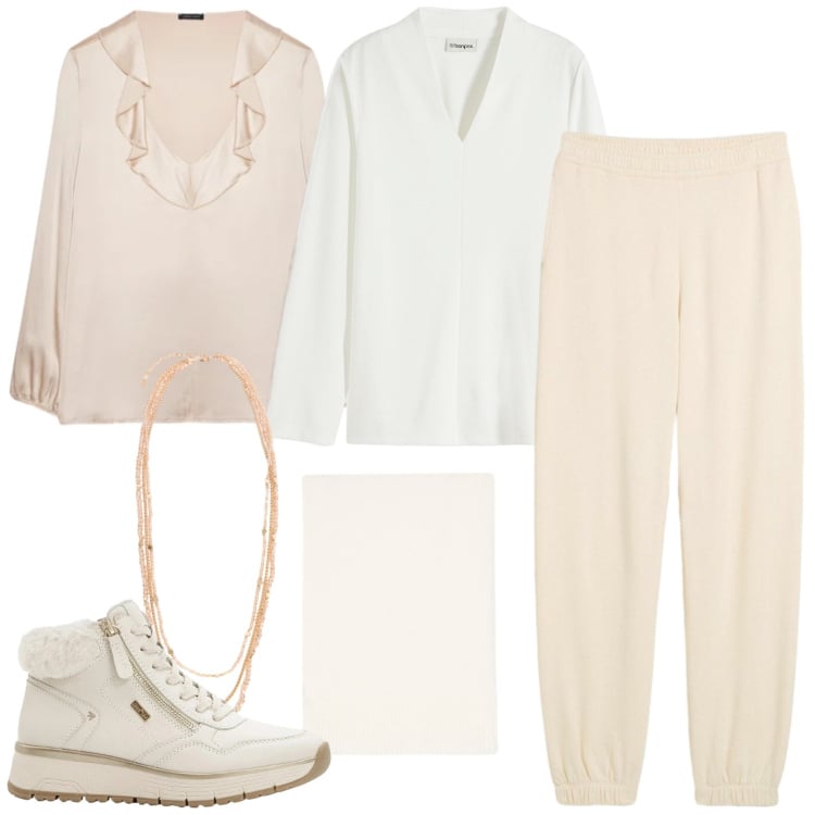 Outfit donna - Febbraio in tonalità soft - curvy. Stile Casual chic per Tutti i giorni. Abbinamento con pantaloni, bluse, sneakers, bluse, sciarpe, collane.