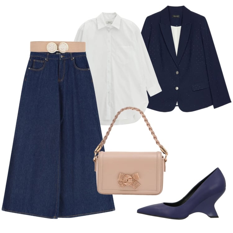 Outfit donna - Il jeans che non ti aspetti. Stile Casual per Ufficio. Abbinamento con décolleté, blazer, pochette, cinture, jeans, camicie.