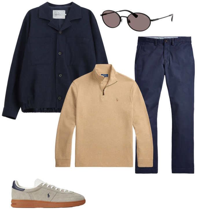 Outfit uomo - Raffinatezza in Blu e Beige. Stile Urban per Tutti i giorni. Abbinamento con cappotti, pantaloni, pullovers, occhiali da sole, sneakers.