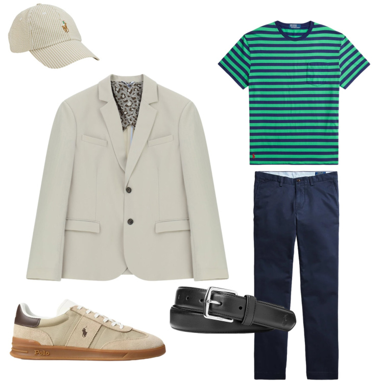Outfit uomo - Riviera Preppy. Stile Urban per Tutti i giorni. Abbinamento con giacche, cinture, sneakers, pantaloni chino, t-shirt, cappelli con visiera.