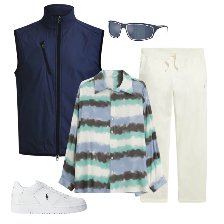 Outfit uomo - Sporty Edge & Bold Patterns. Stile Urban per Tutti i giorni. Abbinamento con camicie, sneakers, piumini, pantaloni, occhiali da sole.
