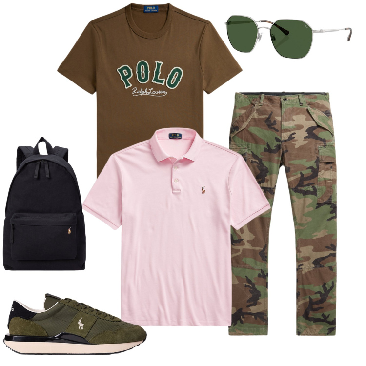 Outfit uomo - Camouflage & Heritage. Stile Urban per Tutti i giorni. Abbinamento con pantaloni cargo, polo, sneakers, borse sportive, occhiali da sole, t-shirt.