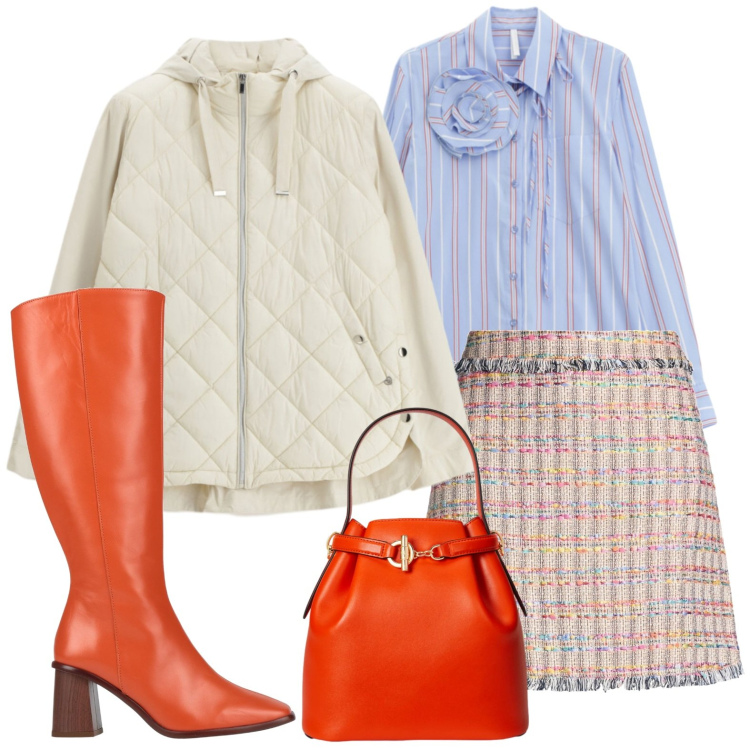 Outfit donna - Mix di tessuti. Stile Trendy per Tutti i giorni. Abbinamento con minigonne, stivali, camicie, giacche, borse a secchiello.