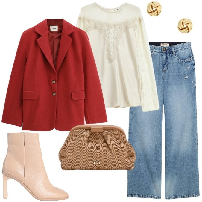 Outfit donna - Jeans e blazer in libertà. Stile Urban per Tutti i giorni. Abbinamento con stivaletti, jeans, pochette, orecchini, blazer, bluse.