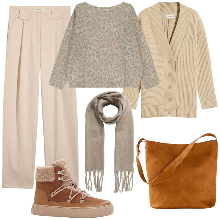 Outfit donna - Tonalità soft. Stile Casual chic per Tutti i giorni. Abbinamento con pantaloni, cardigans, borse a mano, stivaletti, sciarpe, maglieria.