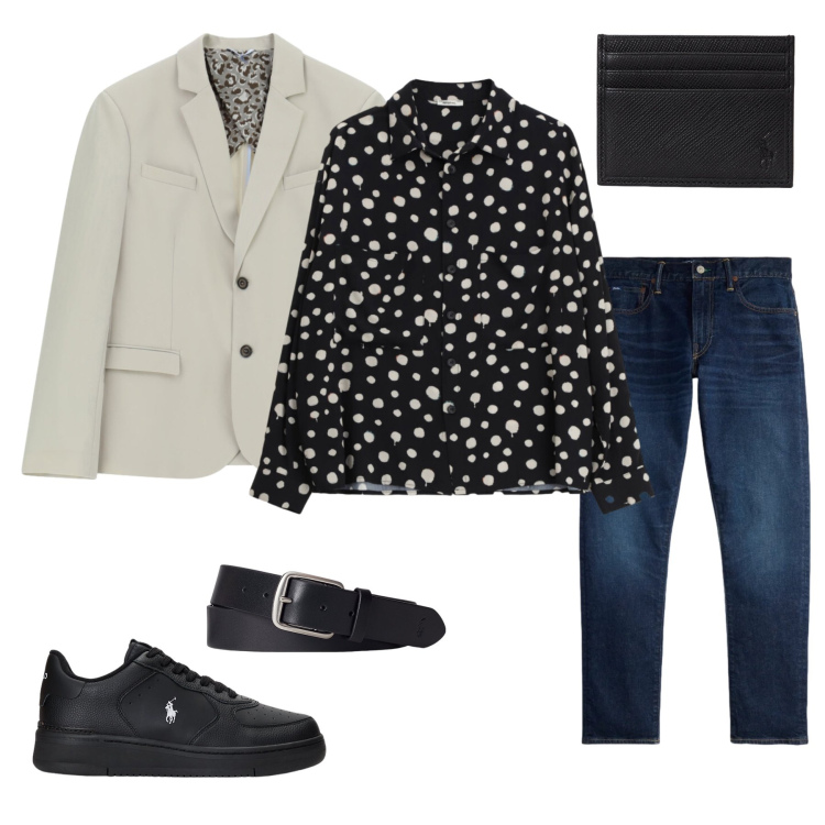 Outfit uomo - Eleganza Grafica & Denim. Stile Urban per Tutti i giorni. Abbinamento con giacche, camicie, sneakers, cinture, jeans, portafogli.