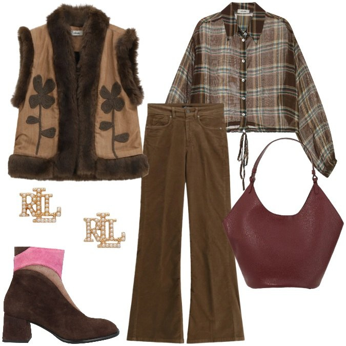 Outfit donna - Cioccolato in primavera. Stile Trendy per Tutti i giorni. Abbinamento con stivaletti, jeans, borse a spalla, camicie, gilet, orecchini.