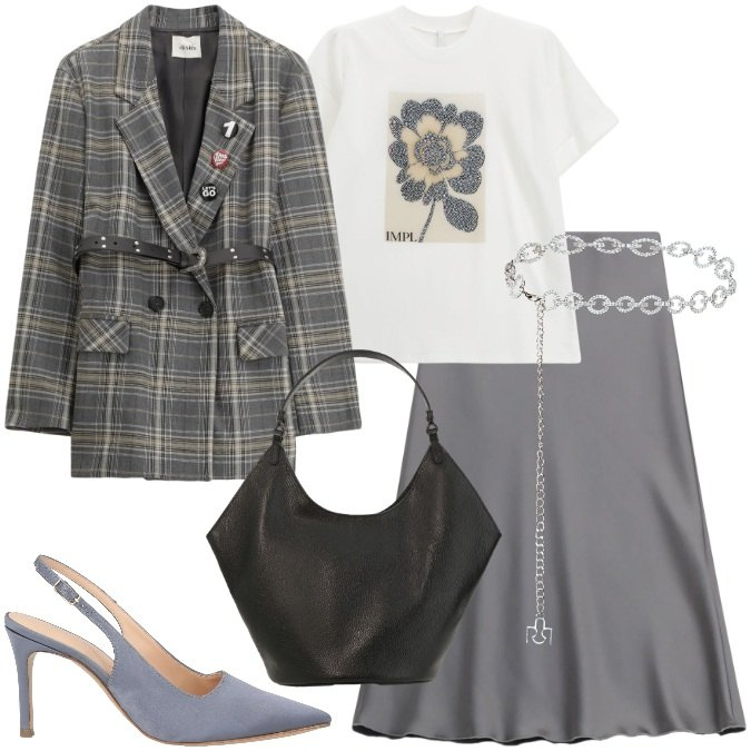 Outfit donna - Al lavoro in grigio. Stile Mannish per Ufficio. Abbinamento con décolleté, t-shirt, gonne longuette, blazer, borse a spalla, cinture.