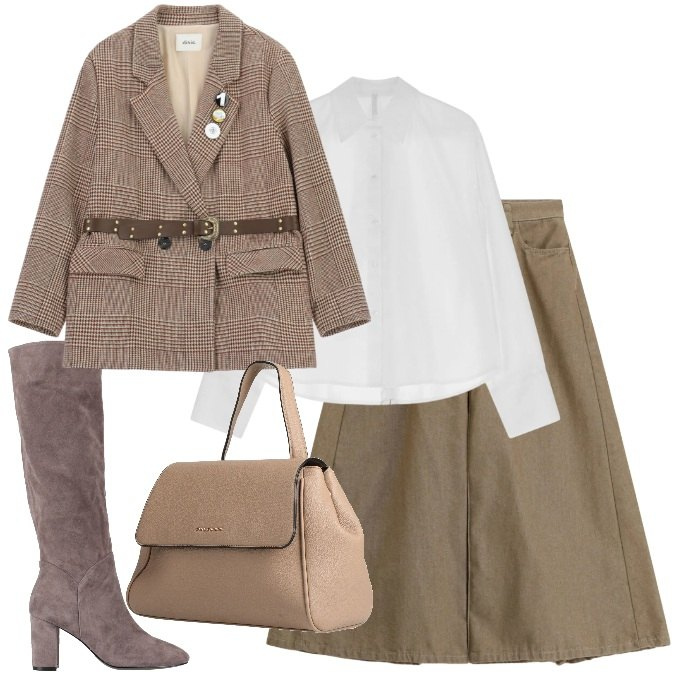 Outfit donna - Perfetta al lavoro. Stile Mannish per Ufficio. Abbinamento con zaini, stivali, camicie, blazer, pantaloni a palazzo.