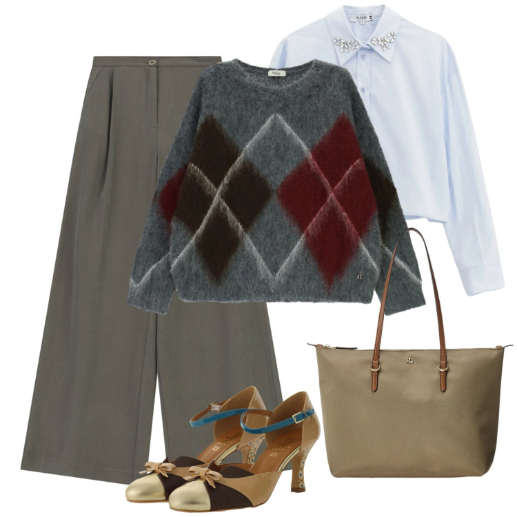 Outfit donna - La camicia colletto gioiello. Stile Chic per Tutti i giorni. Abbinamento con pantaloni a palazzo, maglieria, décolleté, camicie, borse tote.