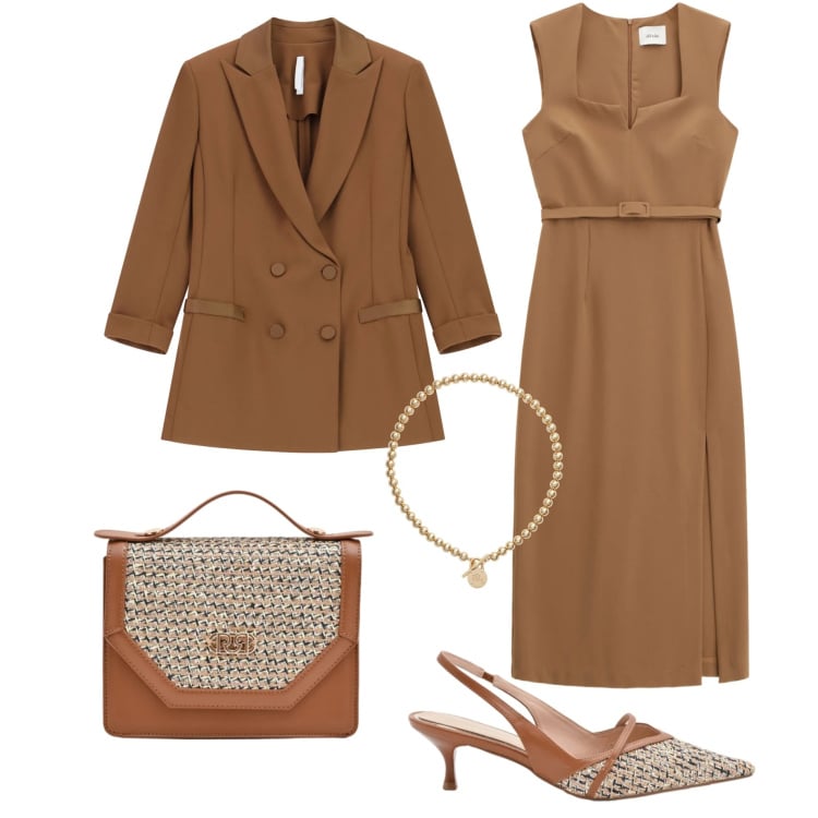 Outfit donna - Cerimonia a febbraio. Stile Chic per Cerimonia. Abbinamento con décolleté, pochette, blazer, collane, vestiti midi/longuette.
