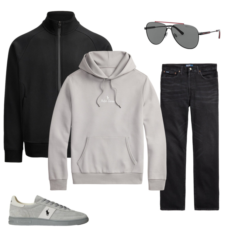Outfit uomo - Minimalismo Tech. Stile Urban per Tutti i giorni. Abbinamento con jeans dritti, sneakers, felpe con cappuccio, giacche sportive, occhiali da sole.
