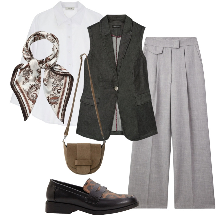 Outfit donna - Camicia bianca e foulard annodato. Stile Chic per Tutti i giorni. Abbinamento con mocassini, foulard, pantaloni, gilet, camicie, borse a tracolla.