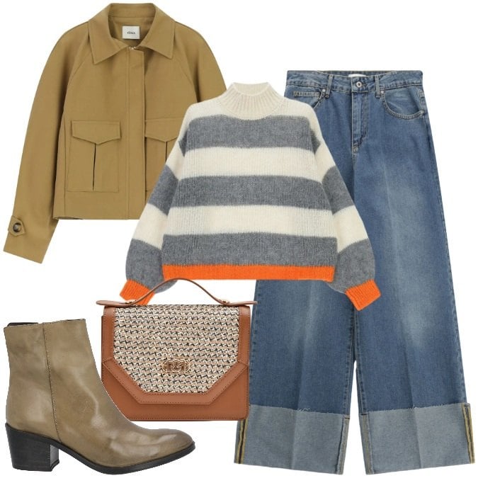 Outfit donna - Chic. Stile Chic per Tutti i giorni. Abbinamento con stivaletti, pochette, maglieria, jeans, bomber.