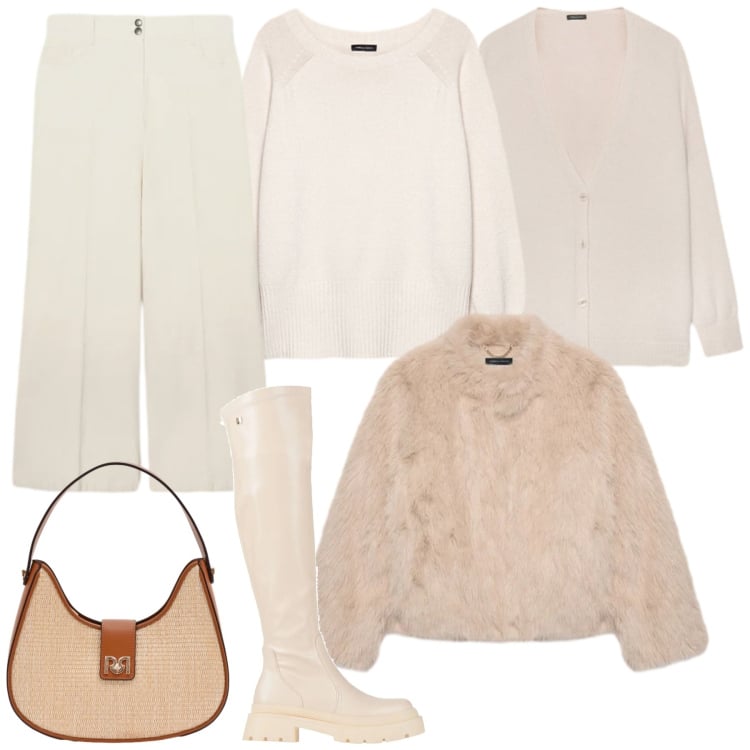 Outfit donna - Febbraio in tonalità soft - curvy. Stile Casual chic per Tutti i giorni. Abbinamento con stivali, ecopellicce, pantaloni chino, maglieria, cardigans, borse a spalla.