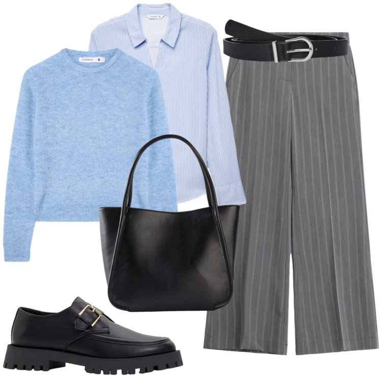 Outfit donna - Pantalone gessato. Stile Bon Ton per Tutti i giorni. Abbinamento con mocassini, shopping bag, camicie, cinture, maglieria, pantaloni a palazzo.