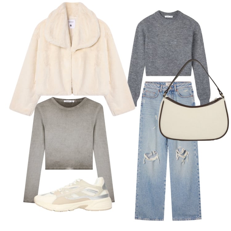 Outfit donna - Sporty day. Stile Sporty chic per Tutti i giorni. Abbinamento con maglieria, ecopellicce, sneakers, borse a tracolla, t-shirt, jeans strappati.