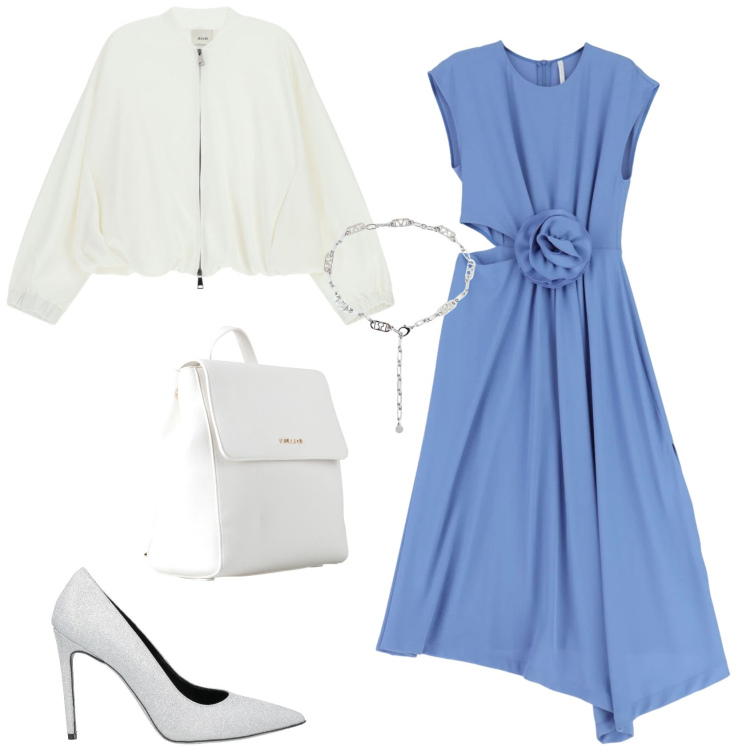 Outfit donna - Bianco azzurro cerimonia evento. Stile Romantica per Cerimonia. Abbinamento con zaini, décolleté, vestiti midi/longuette, bomber, cinture.