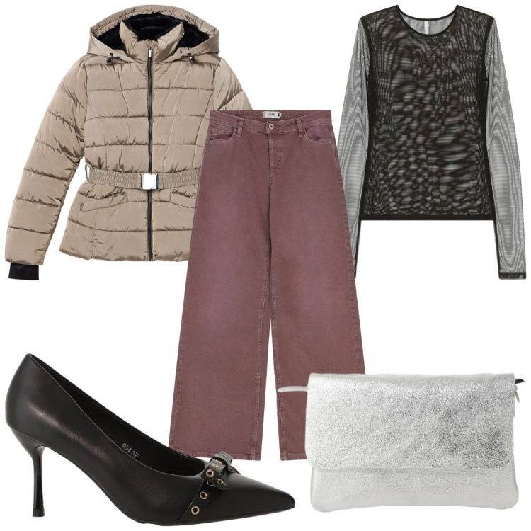 Outfit donna - Un tocco di luce d\'inverno: casual chic. Stile Casual chic per Tutti i giorni. Abbinamento con piumini, décolleté, t-shirt, borse a spalla, pantaloni a palazzo.