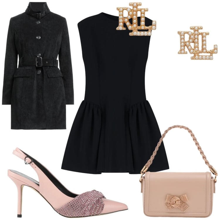 Outfit donna - Un tocco di luce d\'inverno : glamour. Stile Glamour per Serata fuori. Abbinamento con cappotti, décolleté, pochette, vestiti corti, orecchini.