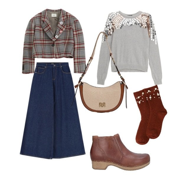 Outfit donna - Country in office. Stile Casual chic per Ufficio. Abbinamento con stivaletti, borse a tracolla, pullovers, jeans, calzini, blazer.