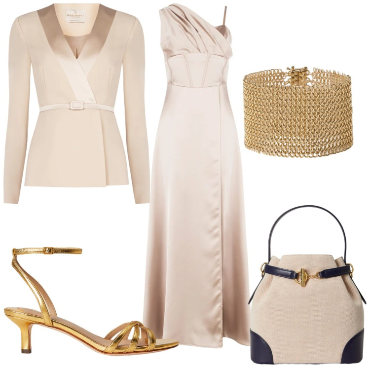 Outfit donna - Un tocco di luce d\'inverno sandali glamo. Stile Glamour per Cerimonia. Abbinamento con vestiti lunghi, blazer, borse a secchiello, sandali in pelle, braccialetti.