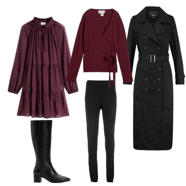 Outfit donna - multistrato. Stile Casual per Tutti i giorni. Abbinamento con vestiti, trench, leggings, stivali, cardigans.
