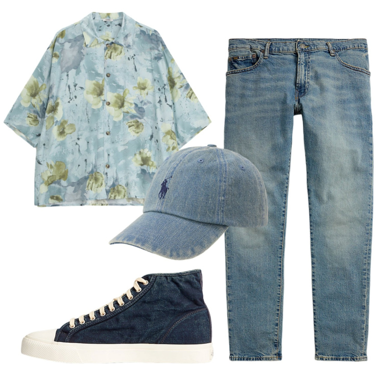 Outfit uomo - Total look #2341861. Stile Trendy per Tutti i giorni. Abbinamento con camicie a manica corta, sneakers, jeans, cappelli con visiera.
